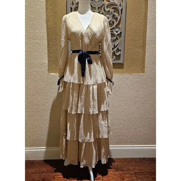 Just Me S Tiered  Dress Cream Holiday Party Cottagecore Vintage Wedding Guest - Picture 3 of 10